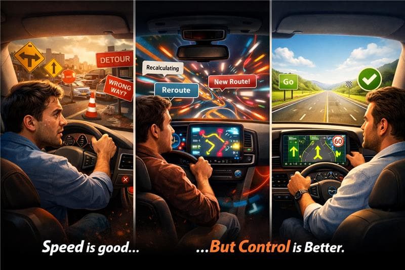 Governed AI navigation analogy - detour, recalculate, clear path
